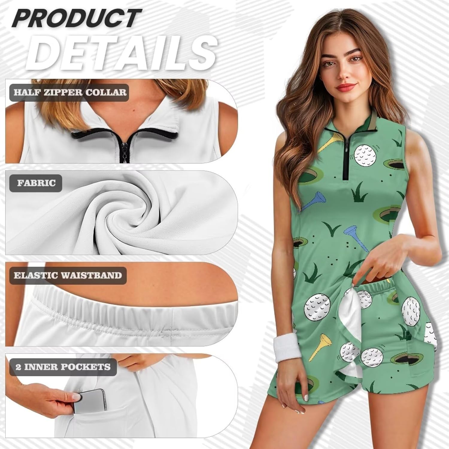Women's Golf Dress Sleeveless Zip Up 2 Pieces Athletic Dresses with Built in Shorts and Pockets
