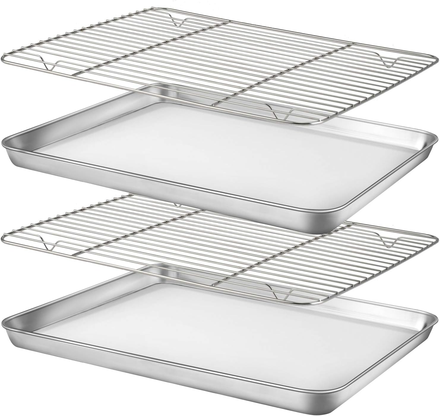 HUSHIDA Stainless Steel Baking Sheet Pan Set, 16 x 12 inches, Includes 2 Sheets + 2 Cooling Racks, Silver, Chemical Free