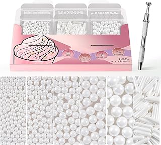 HUEBEATY 7-in-1 White Edible Pearls Sprinkles with Claw Sprinkle Pen – 180g/6.36oz White Cake Sugar Pearls 2mm to 10mm & Sugar Rods for Cake Decorating, Cupcakes, Cookies, Wedding & Valentines Desserts