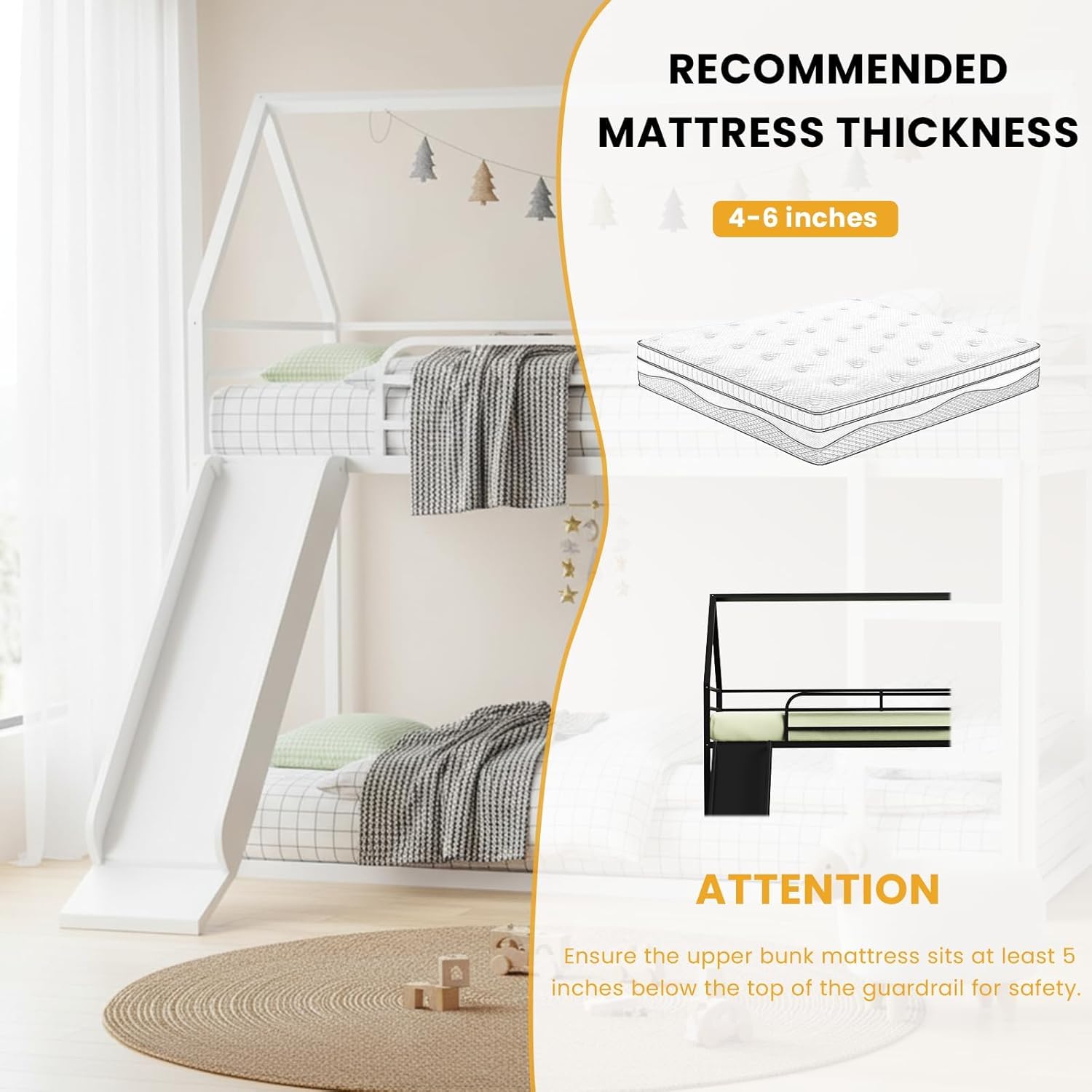 Twin Over Twin Bunk Bed with Slide, Junior House Low Bunk Bed Metal Bunkbeds with Ladder and Full-Length Guardrail for Girl, Boy, Floor BunkBed, No Box Spring Needed (White)