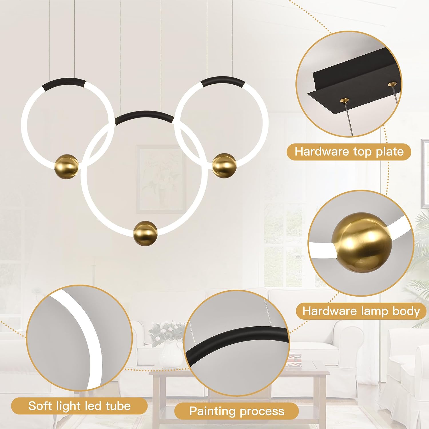 3 Circle LED Chandelier Linearly Pendant Light Fixture,25Inch 65W Hanging Ceiling Lights Indoor Lighting Height Ajustable 3000K Hanging Lamp for Living Dining Room Kitchen Island Pendant Light