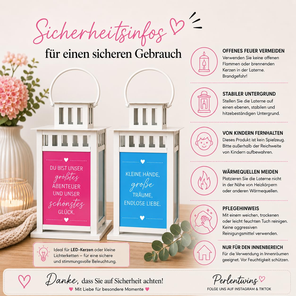 Personalisierte Geburtslaterne Weiß Metall mit Namen 20 cm