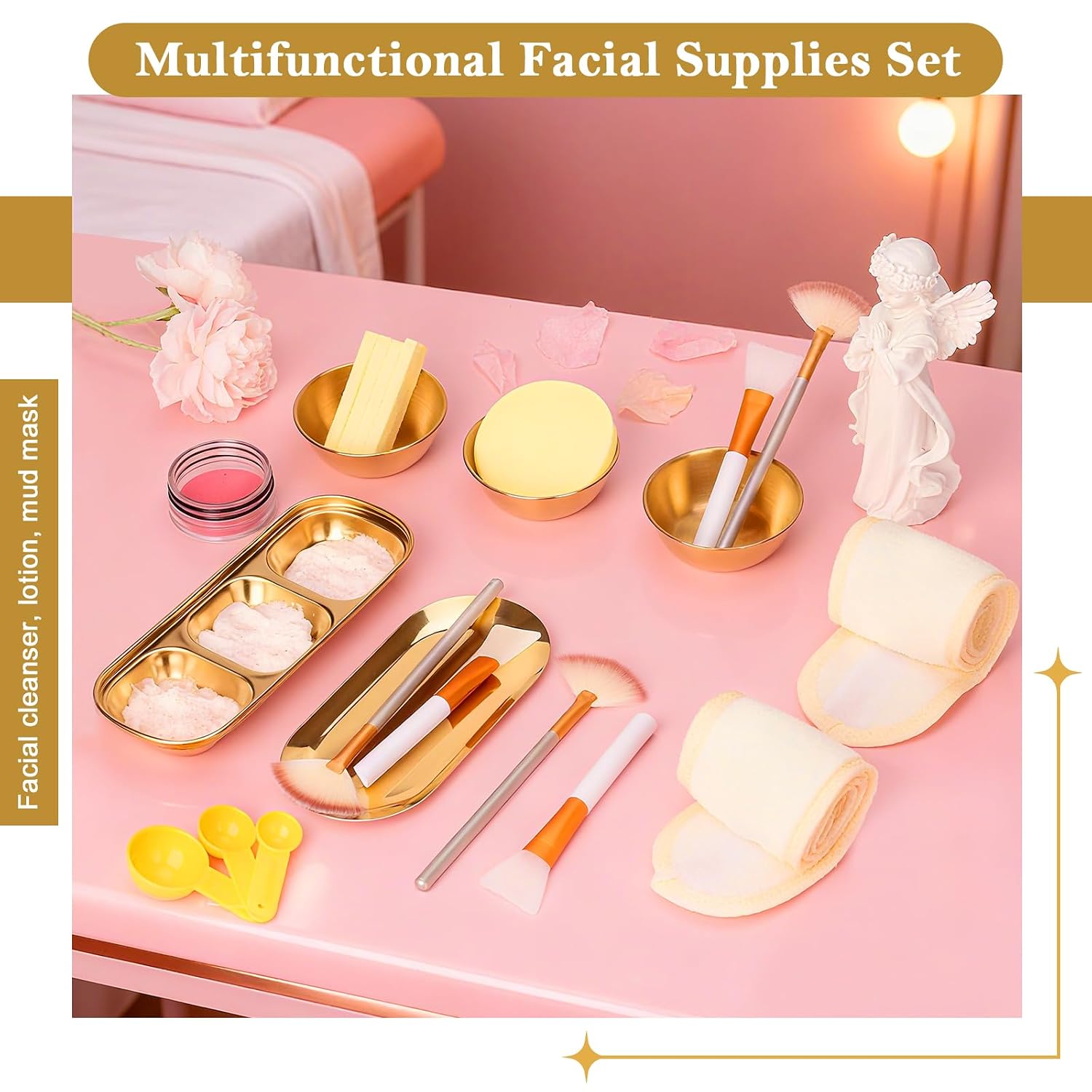 28 Gold Facial Supplies 3 Facial Mask Mixing Bowls 3 Facial Fan Brushes 3 Mask Applicator Brushes 3 Mask Measuring Spoons Skincare Tray 3-Compartment Serving Tray 12 Facial Sponges 2 Spa Headbands