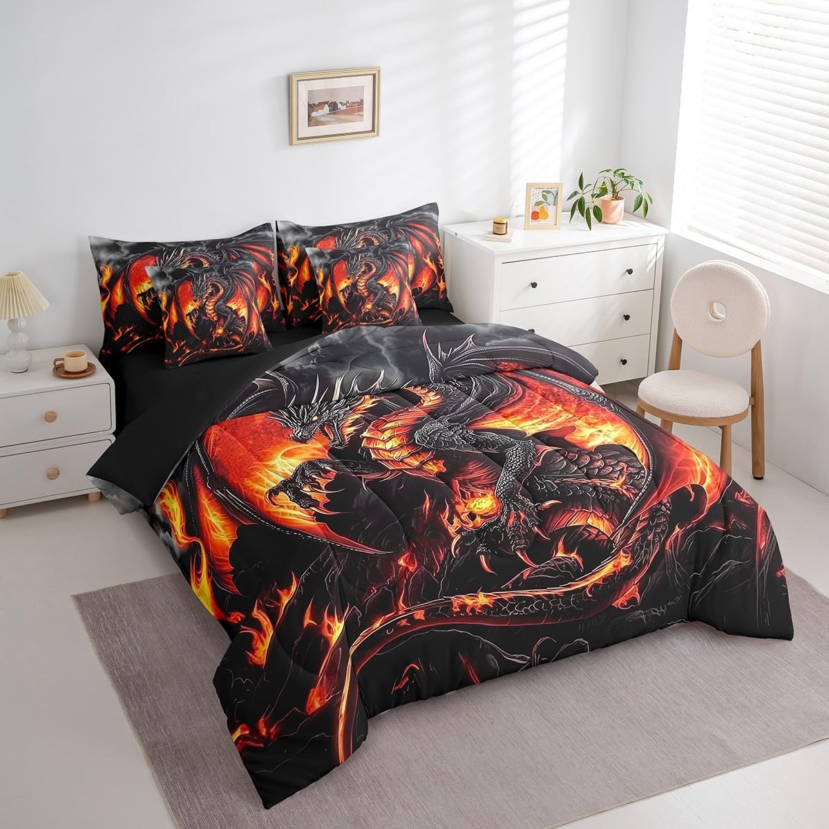 Erosebridal Dragon Queen Size Bed in A Bag, Ancient Animal Comforter Set with Sheets for Adult Men Room, Black Gold Wildlife 7 Pieces Bedding Set, Breathable Room Decor