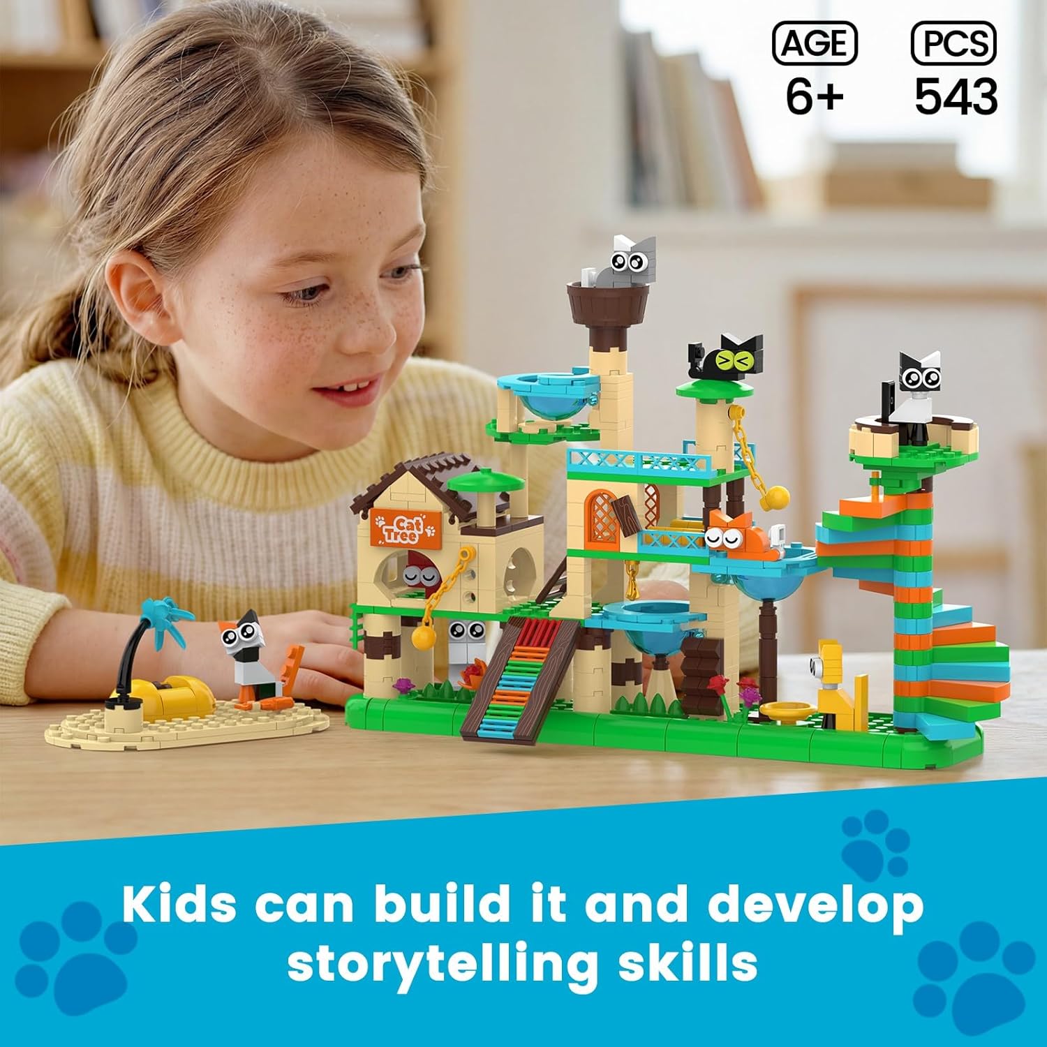 Cat Tree Building Set, 543 Pieces DIY Miniature Cat Climbing Tower Toy with Colorful Kitten Figures, Cute Animal Brick Toy Room Decor, Birthday Gift for Kids Ages 6+