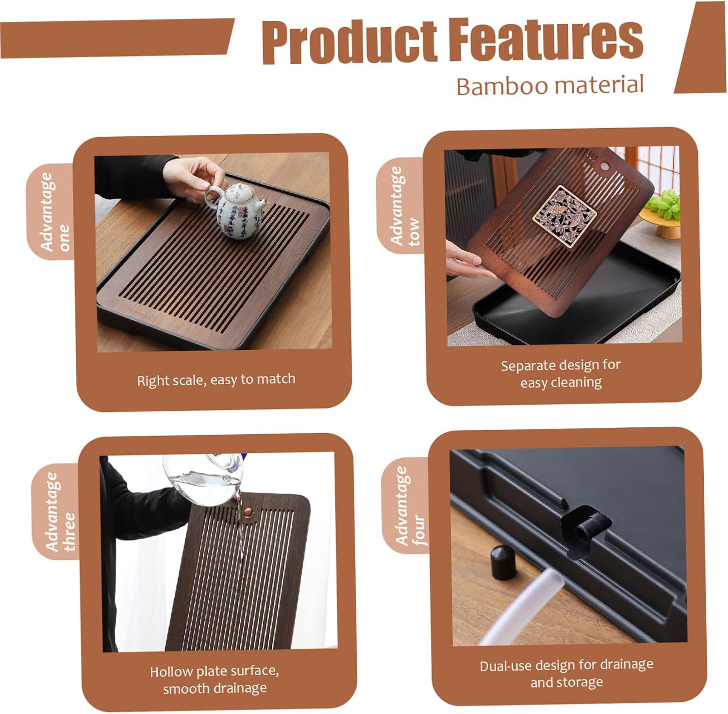 Kung Fu Tea Set Tea Tray 14.2x9.5 Detachable Bamboo Chinese Gongfu Tray with Water Storage Drainage for Kung Fu Teapot Set, for Friends Relatives