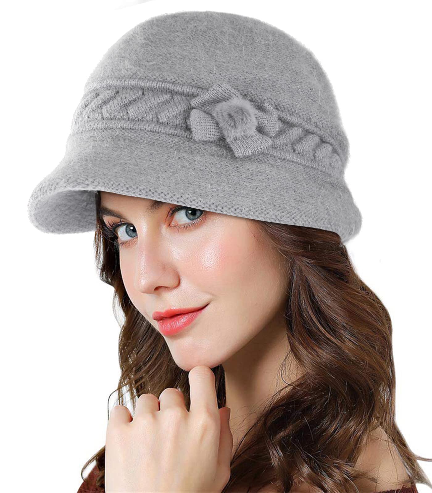 Adigaber Sombrero Invierno Tiene un cálido Forro Polar Gorros de Punto para Mujeres Vintage Moda Angola Boina con Visera