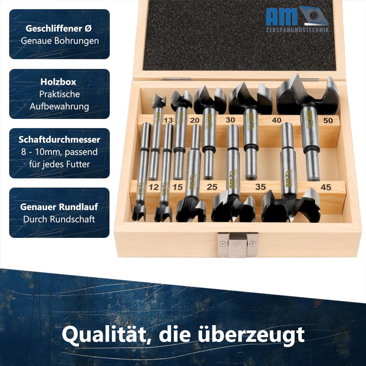Forstnerbohrer Set Ø12-50mm | Professionelles Holzbohrer Set 10tlg. | Topfbohrer Holz | Astlochbohrer | Flachbohrer