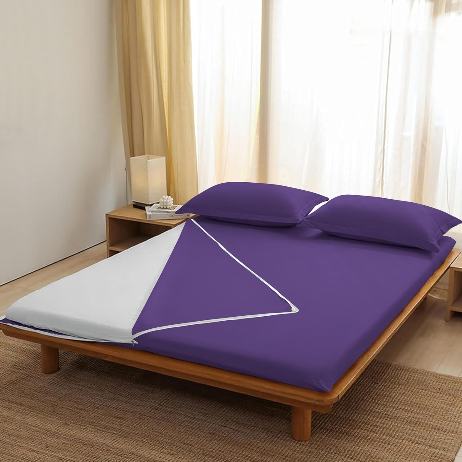 100% Egyptian Cotton U Shape Zipper Mattress Cover, 800 Thread Counts, 21 Inch Deep Pocket King Size (76x80), Solid Purple
