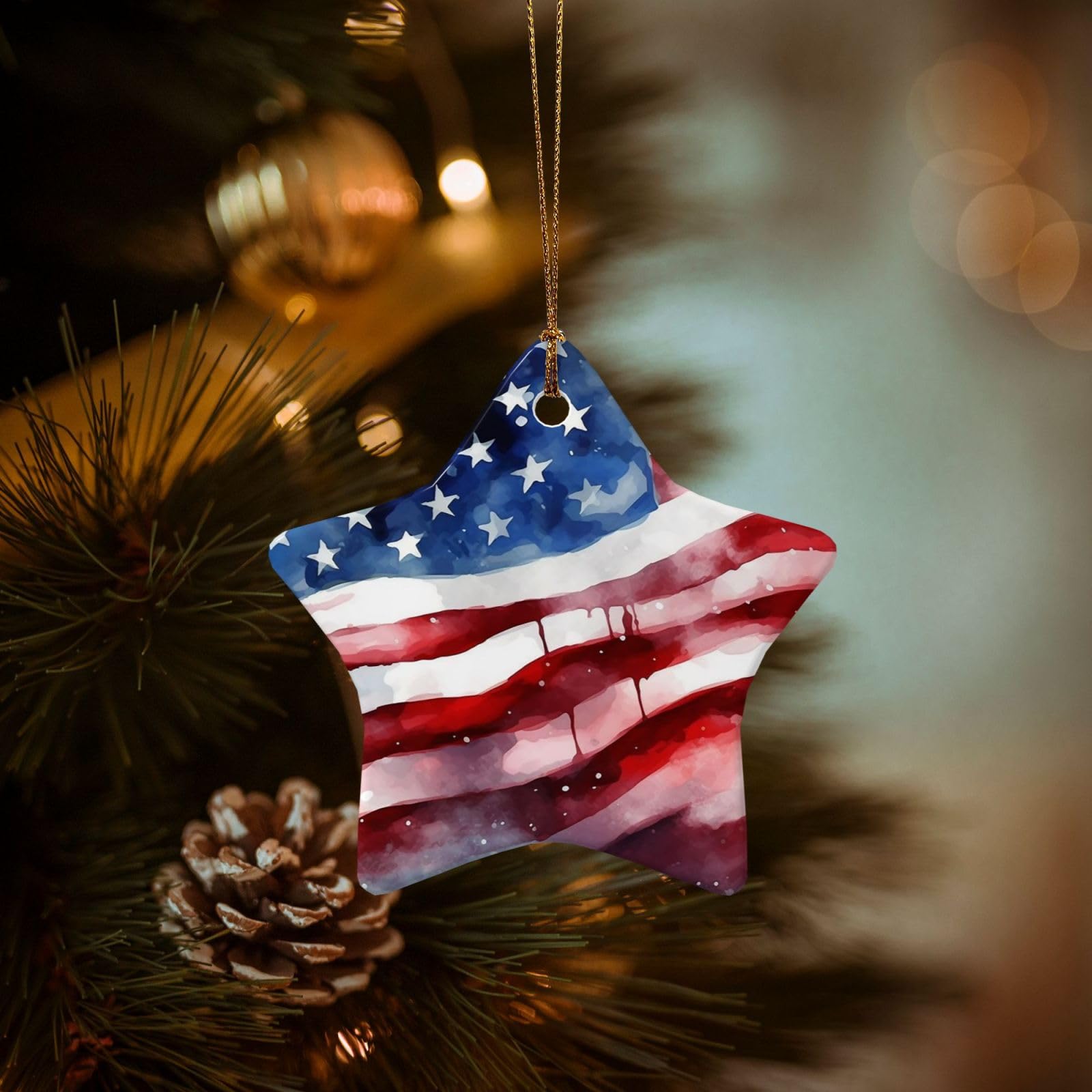Christmas Tree Ornaments Ceramics Christmas Decorations Watercolor American Flag Ornaments with Gold Ribbon Porcelain Xmas Tree Crafts Star Shape Hanging Pendant for Christmas Tree Party Decor
