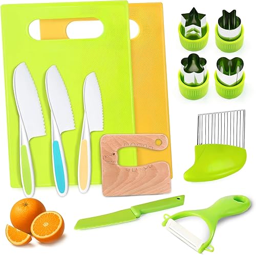 Juego de cuchillos para niños pequeños, 13 piezas, cuchillos para cocina real, juego de cuchillos de cocina seguros Montessori para niños pequeños,
