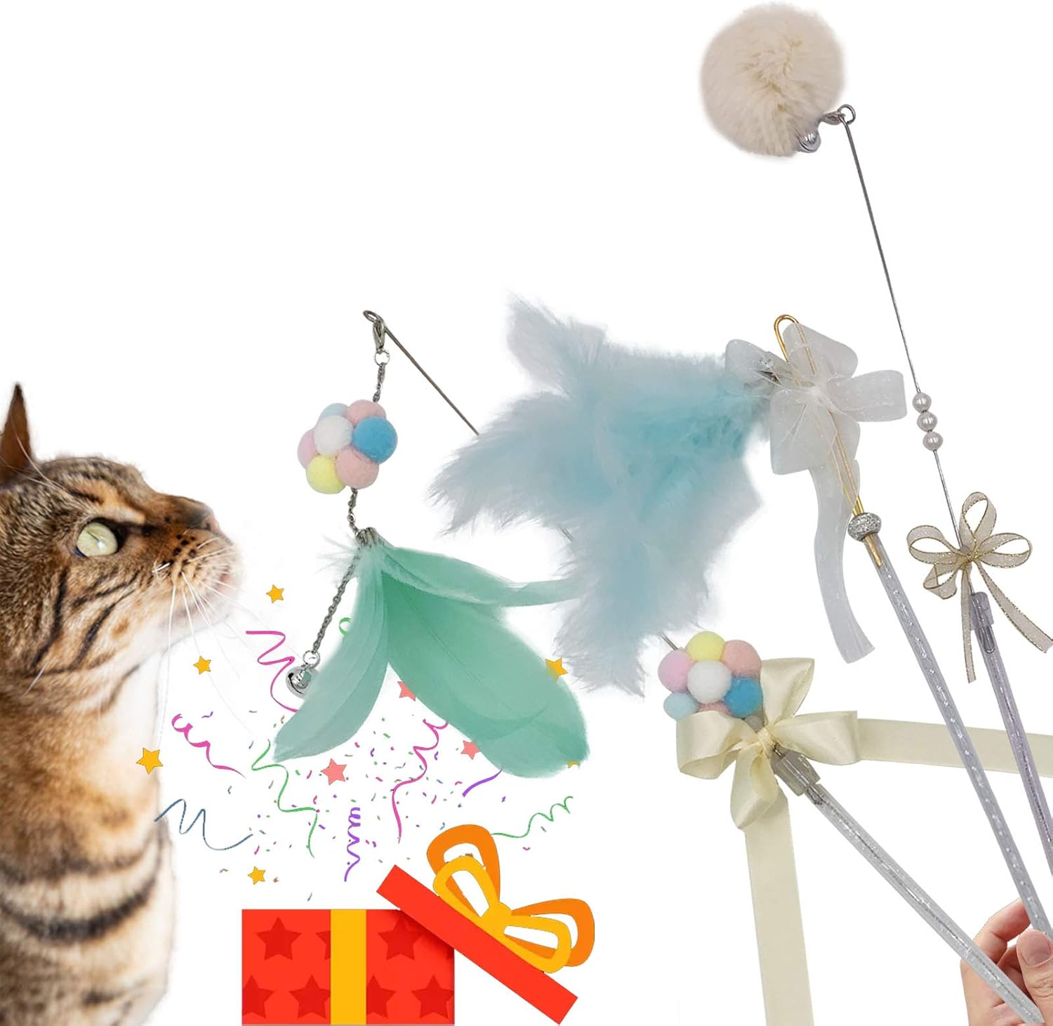 XFDAOPH Cat Teaser Toys Cat Wand with Natural Feather - Indoor Interactive Cat Toys (3 PCS)