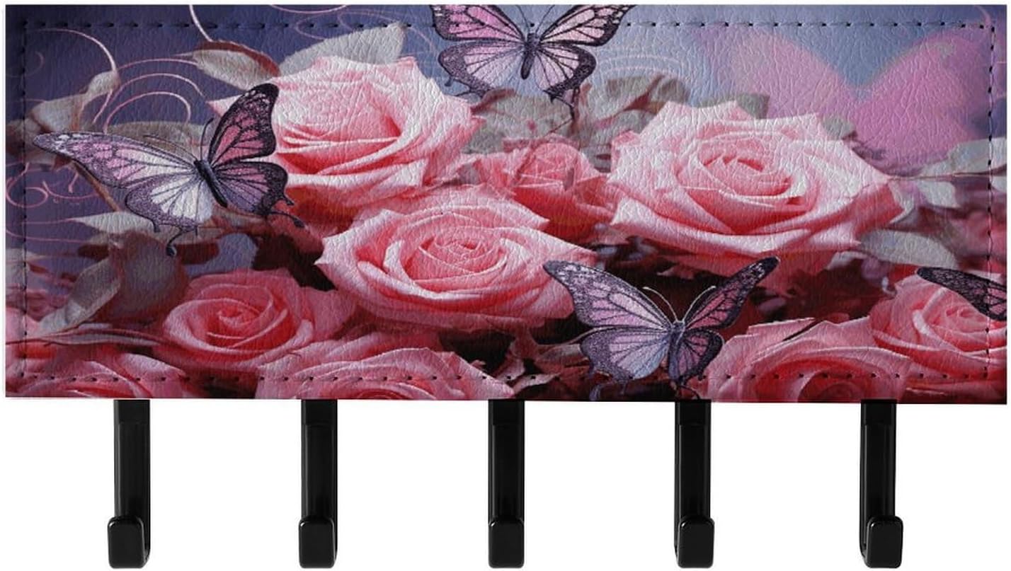Key Holder Wall Mount Key Hanger with 5 Hooks, Decorative Key Rack | Pink Roses And Butterflies Hanging Key Hooks with Mail Organizer for Wall Living Room Kitchen Bathroom Hallway