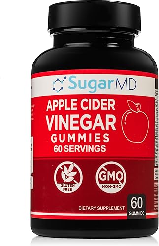 SugarMD Vinagre de sidra de manzana, 60 gomitas  Vitamina B6 y B12-500 mg Suplemento de vinagre de sidra de manzana de manzanas crudas, sin filtrar