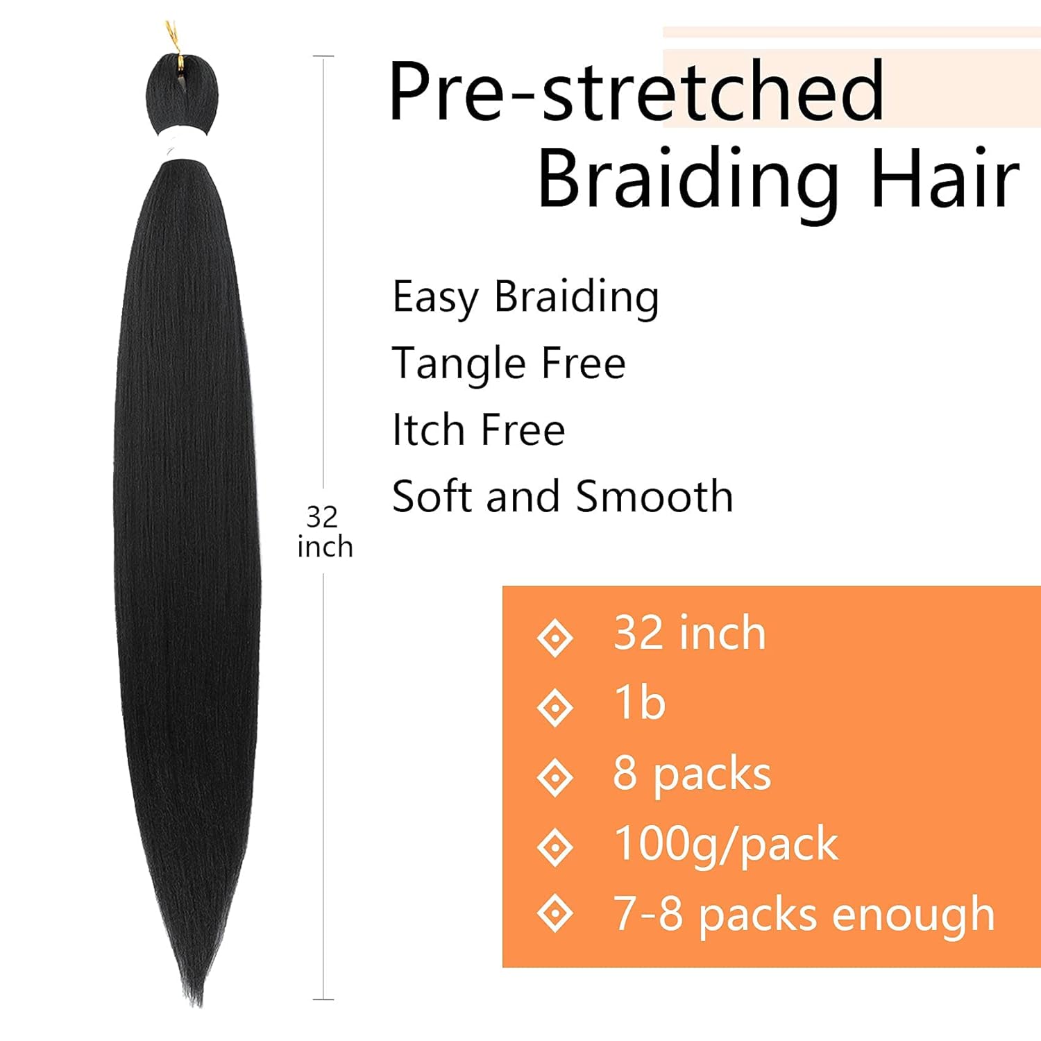 Callia 32 Inch Pre Stretched Braiding Hair Extension 8 Packs Soft Yaki Texture Braiding Hair Pre Stretched Hot Water Setting Synthetic Hair Extension For Twist Braiding (32Inch-8PACK, 1B)