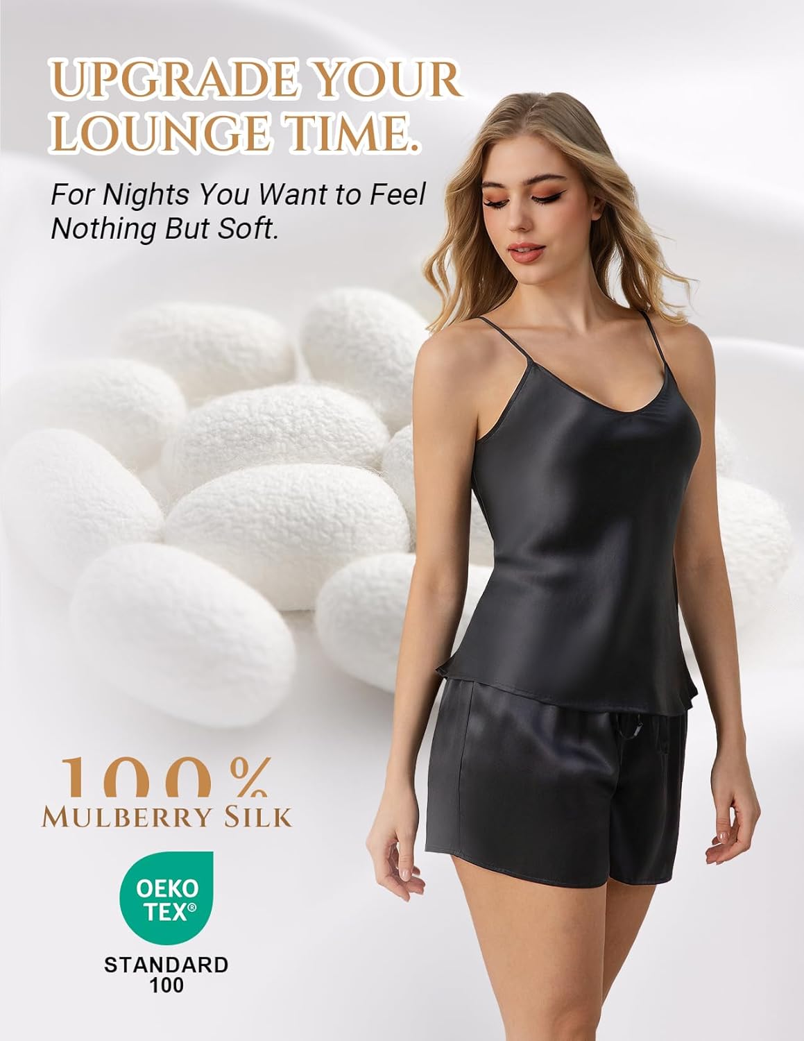THXSILK 100% Mulberry Silk Women Cami Pajama Set, Tank Top with Shorts Sleepwear, Adjustable Spaghetti Straps, Luxury Pj Set - Image 5