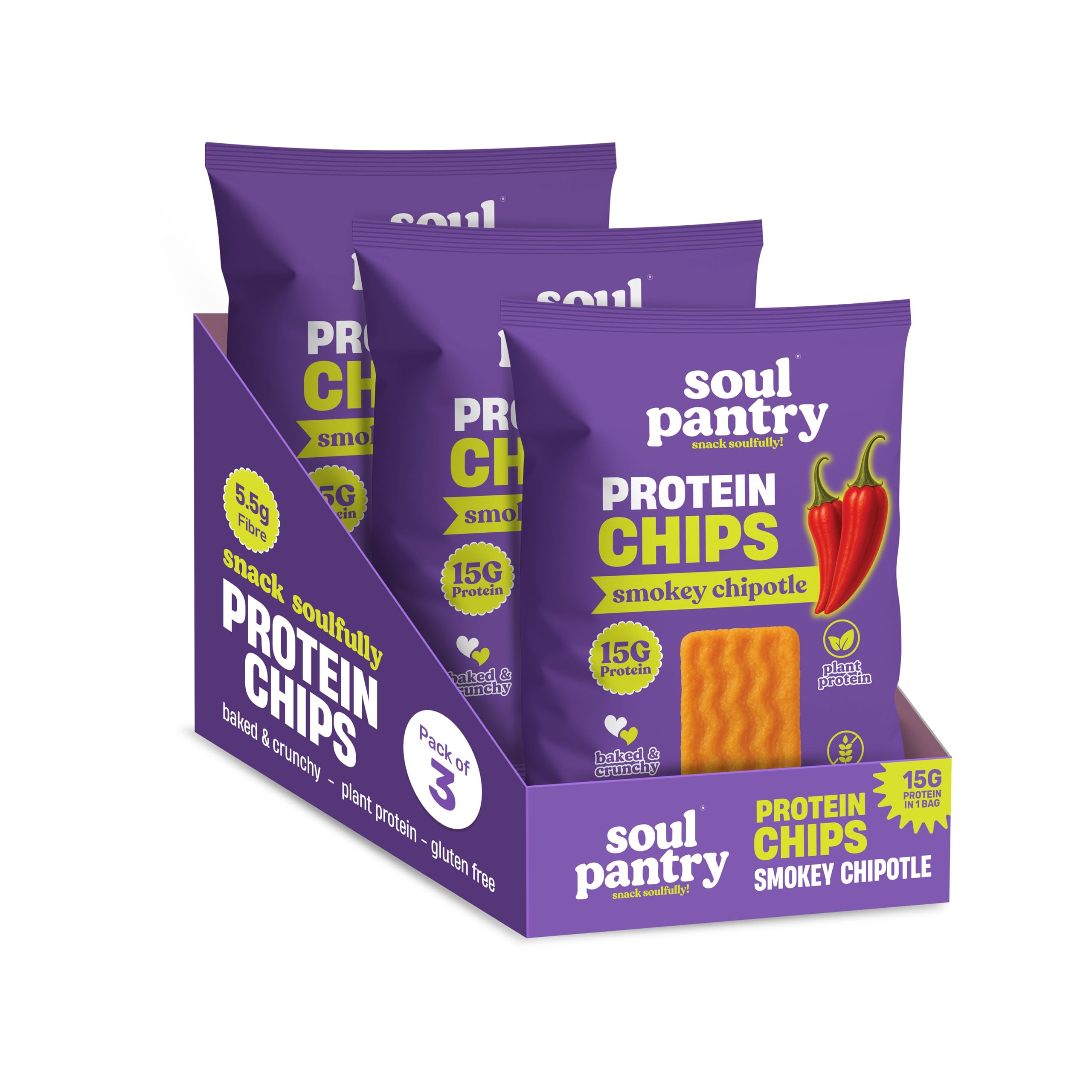 Soul Pantry Protein Chips – Smokey Chipotle Flavor | High Protein, Gluten Free, Vegan, Healthy Snack | Plant-Based Baked Chips, Non-GMO | 3 Pack