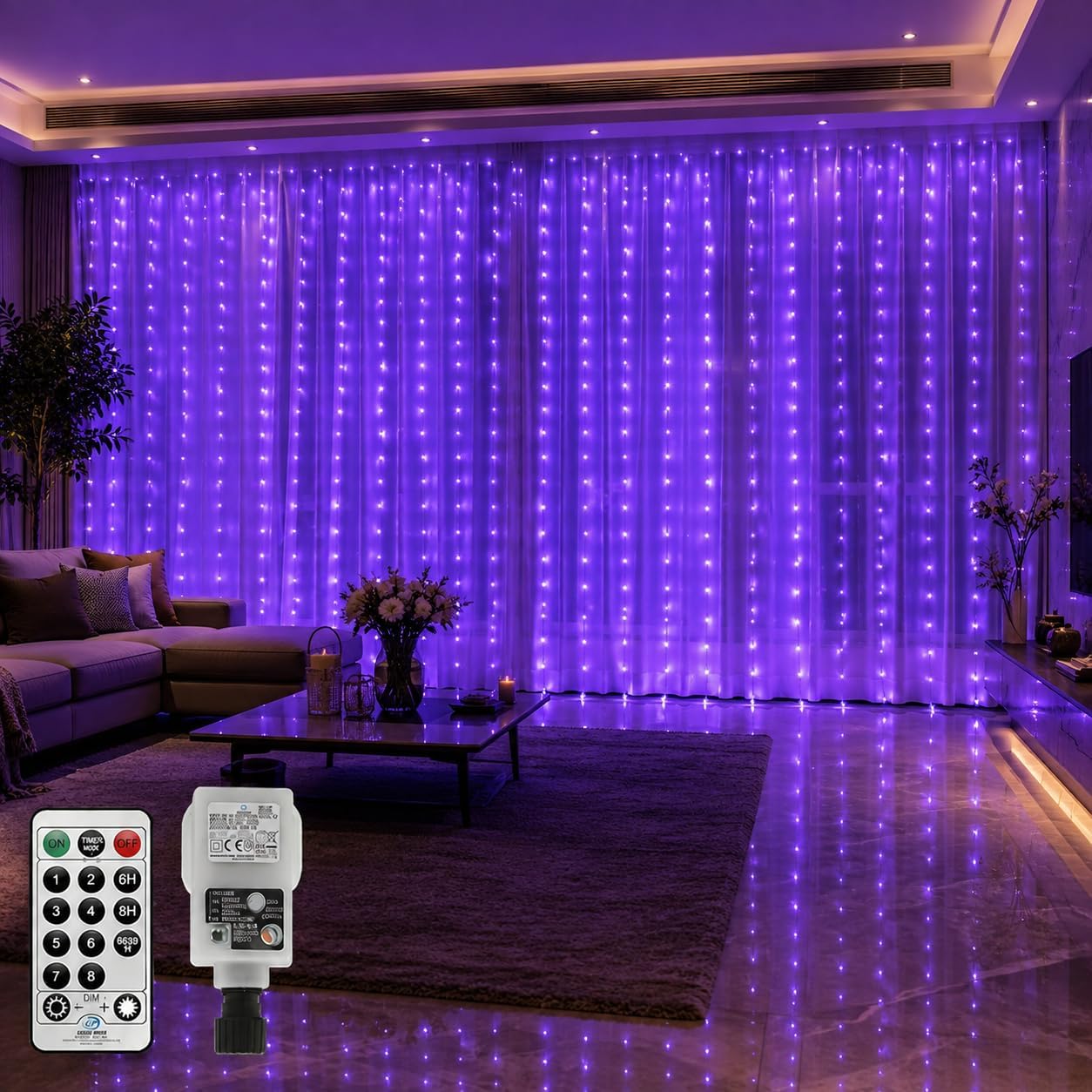 CORST 2M x 2M 204LED Curtain Lights Indoor UV Fairy Light Plug in,Purple Hanging Backdrop Window Wall Lights UV Blacklights with Remote,Timer,Waterproof,Connectable for Gazebo Door Halloween