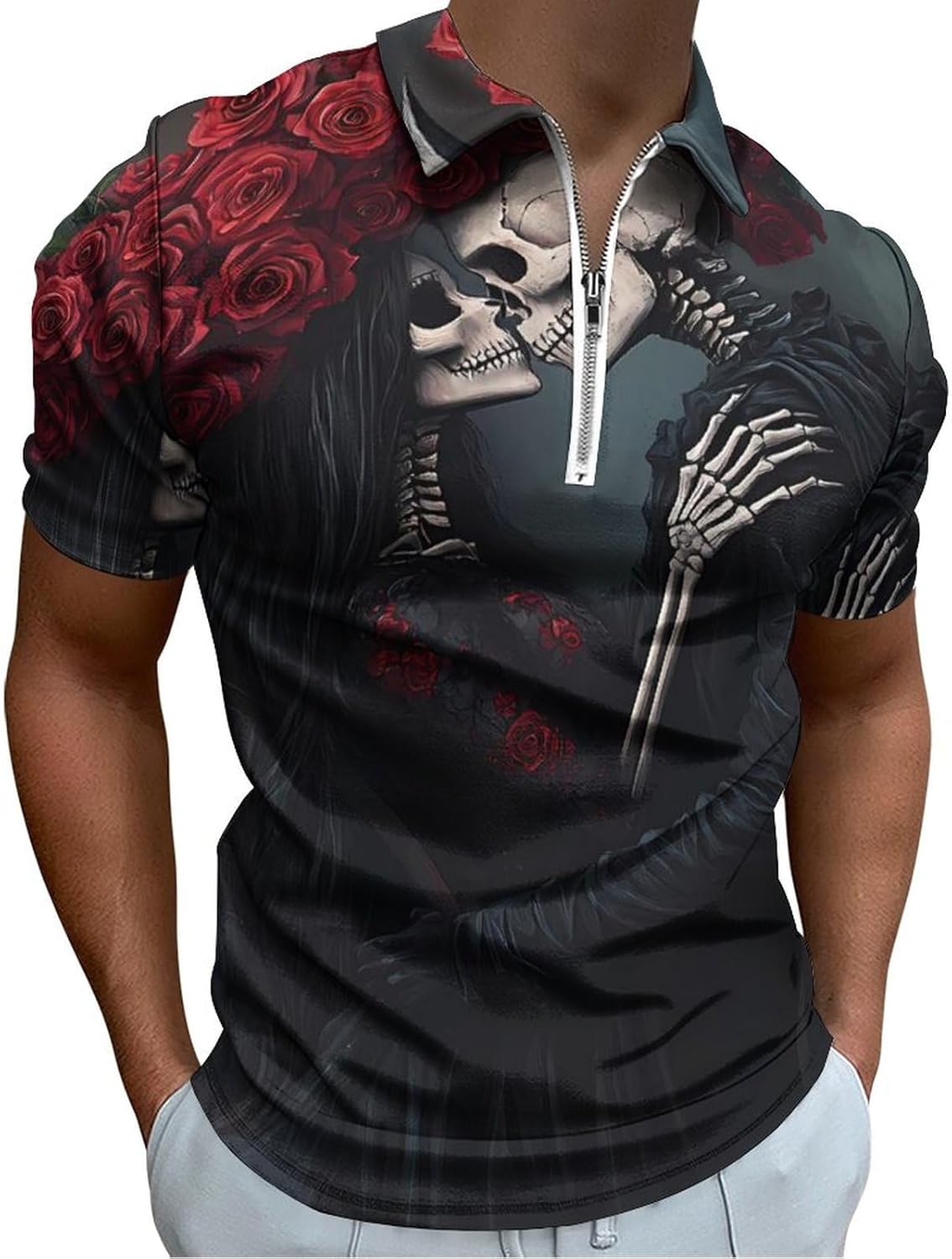 Gothic Death Skul Skeleton Kiss Polo Shirts for Men Dress Shirts Short Sleeve Golf Shirt Casual T-Shirts Top