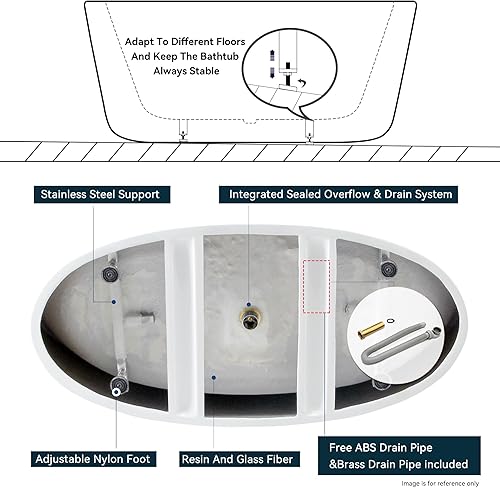 Miniatura 64 de FerdY Bali - Bañera de acrílico independiente, bañera de inmersión independiente con forma graciosa, certificado CUPC blanco brillante, drenaje
