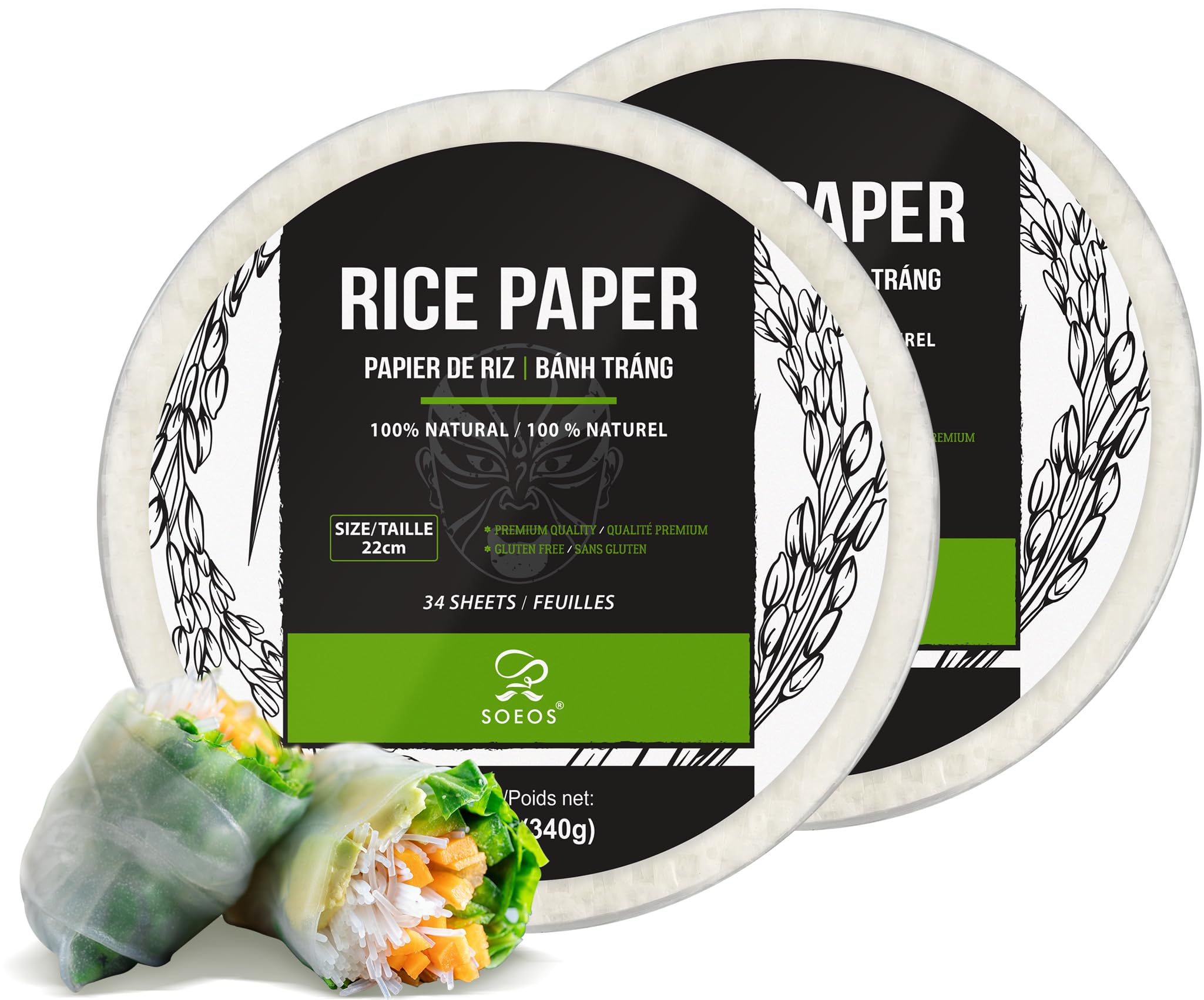 Soeos Rice Paper, 340g (2 Packs) – Spring Roll Wrappers, Vietnamese Rice Paper for Fresh & Fried Rolls