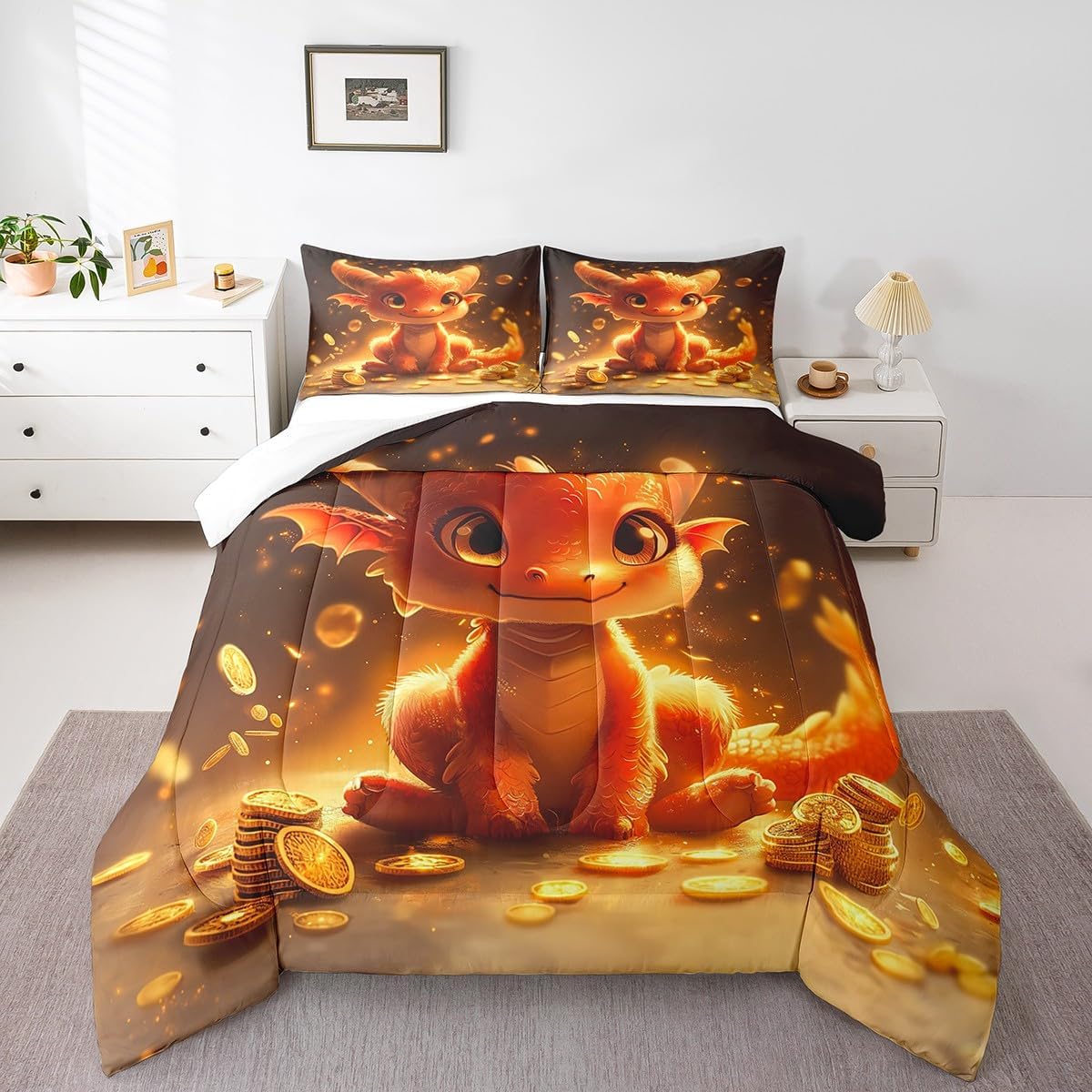 Erosebridal Dragons Gift Bedding Full for Girl Women Boys Who Loves Dragons Comforter Set Cartoon Dragon Kawaii Bedding Comforter Sets Cute Animal Gold Coins Duvet Set Home Decor for Kids Toddler