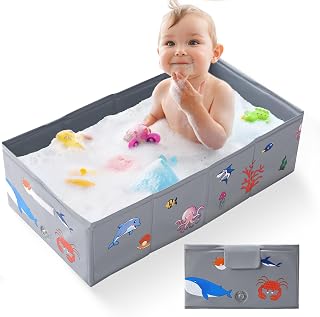 Tohetsuzp Portable Foldable Baby Bathtub with Drain Plug, 30" L x 15.2" W x 8.6" H Kids Travel Tub, Converts Shower to Tub, No Assembly Folds Flat for Storage, for Infant Toddler 6M-5 Years, Gray