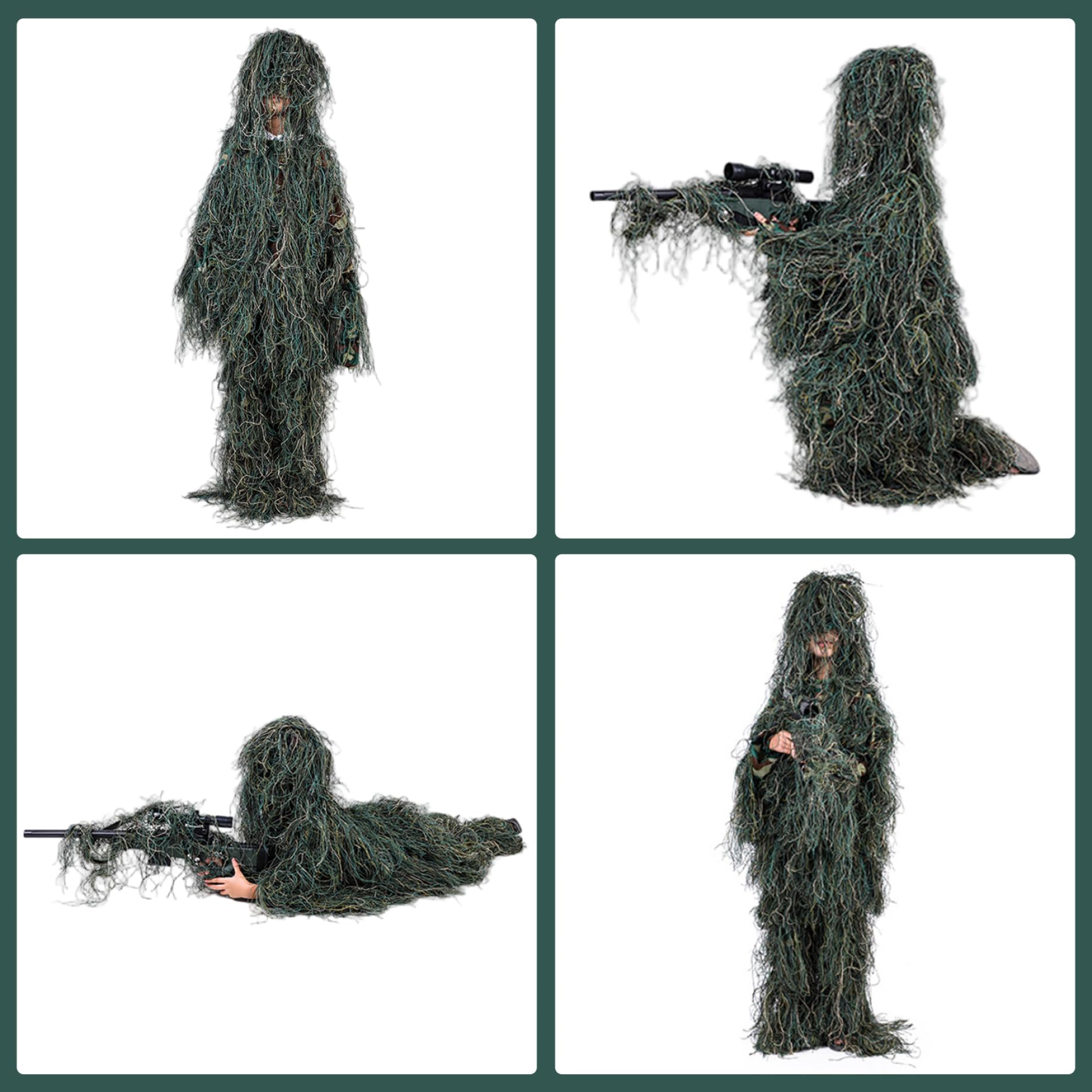 Ghillie Suit per bambini Altezza 51, 18-59, 06 pollici, tuta mimetica 3D traspirante 5 in 1, abbigliamento da caccia con giacca, pantaloni, cappuccio, borsa per il trasporto, giocattoli, giochi.