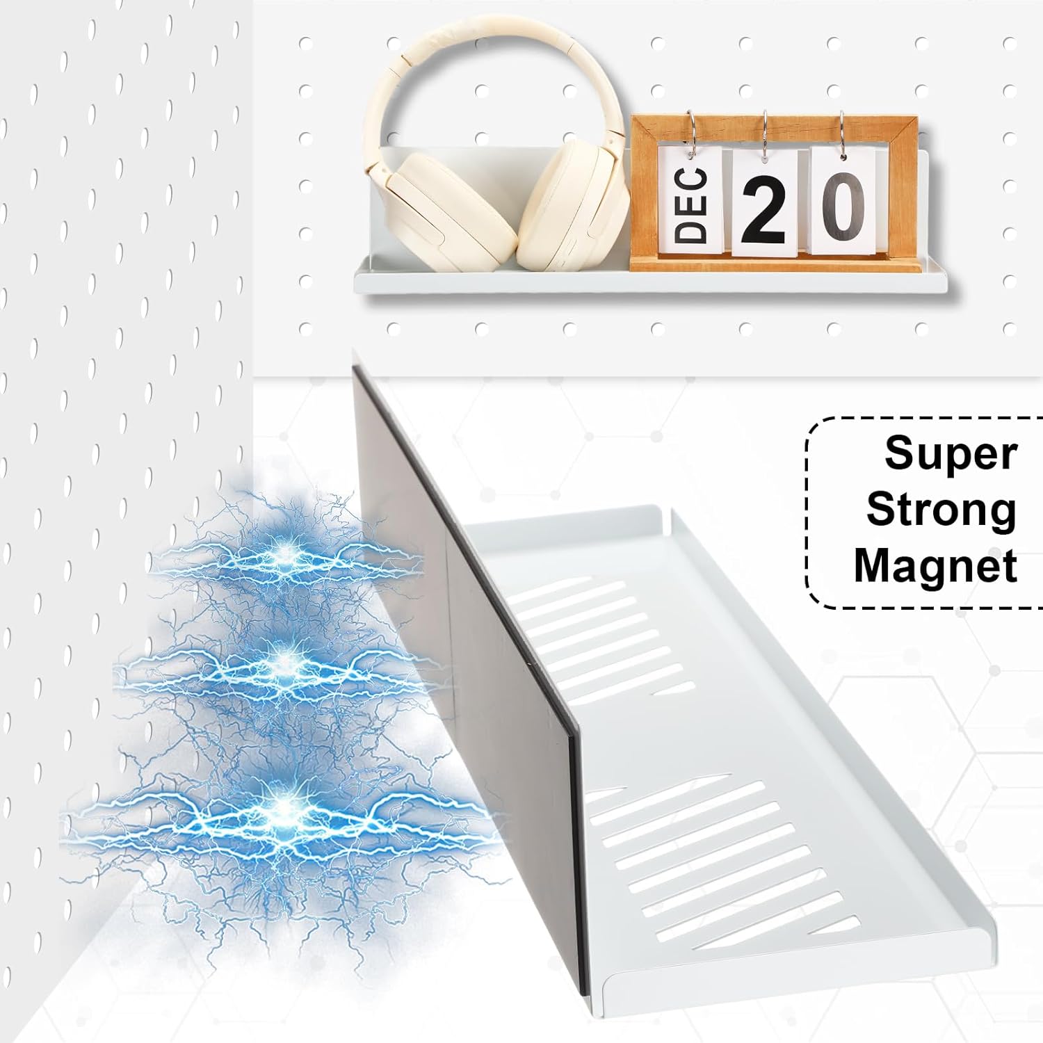 Therwen 4 Pack Magnetic Pegboard Shelves Wall Organizer Metal Pegboard Shelf Steel Tray Accessories Organizing Tools for Craft Home Kitchen (16 x 4.7 x 3.5 Inches,White)