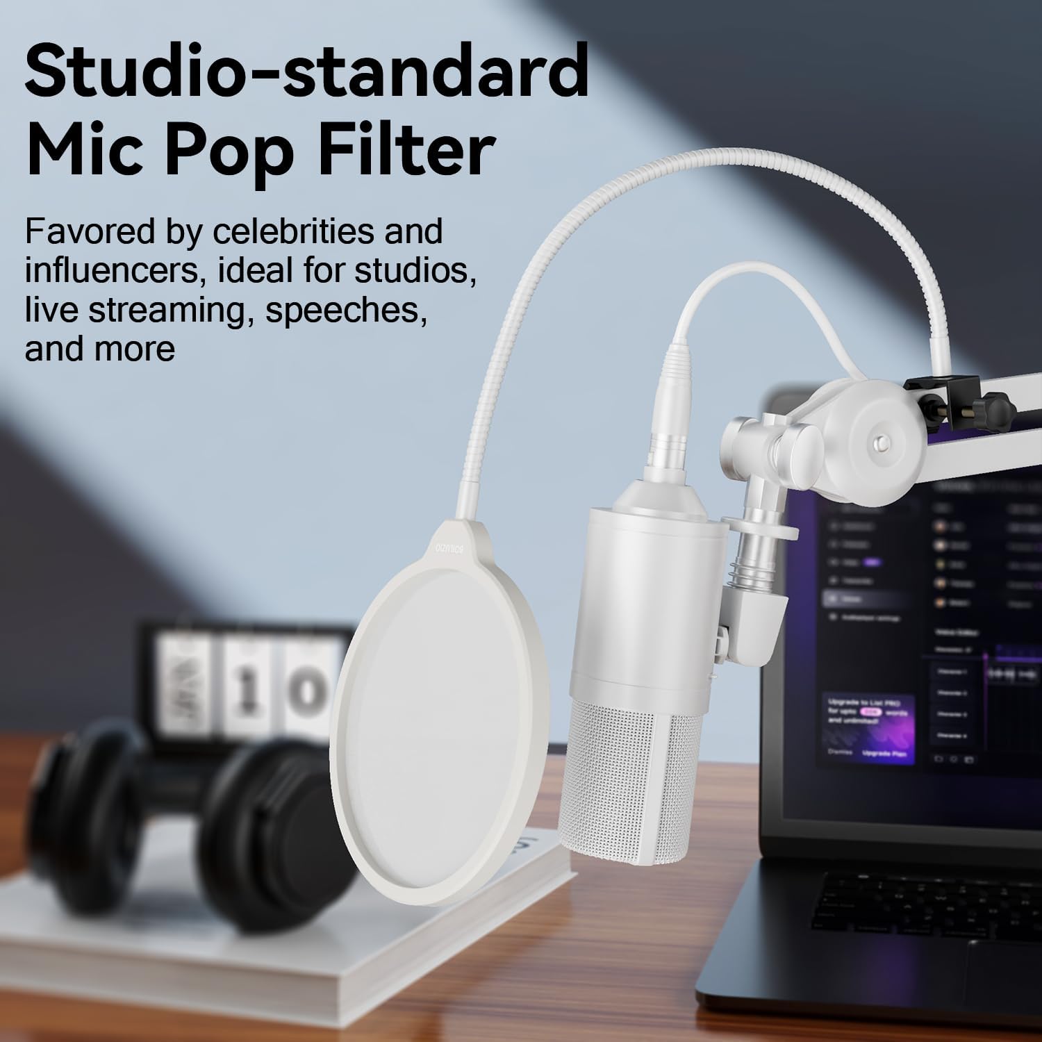 Professional Mic Pop Filter, Premium Flexible Gooseneck Microphone Mount and Double Layer Sound Mask Shield for Blue Yeti, Blue Snowball, and more, BO2024MPF-15W