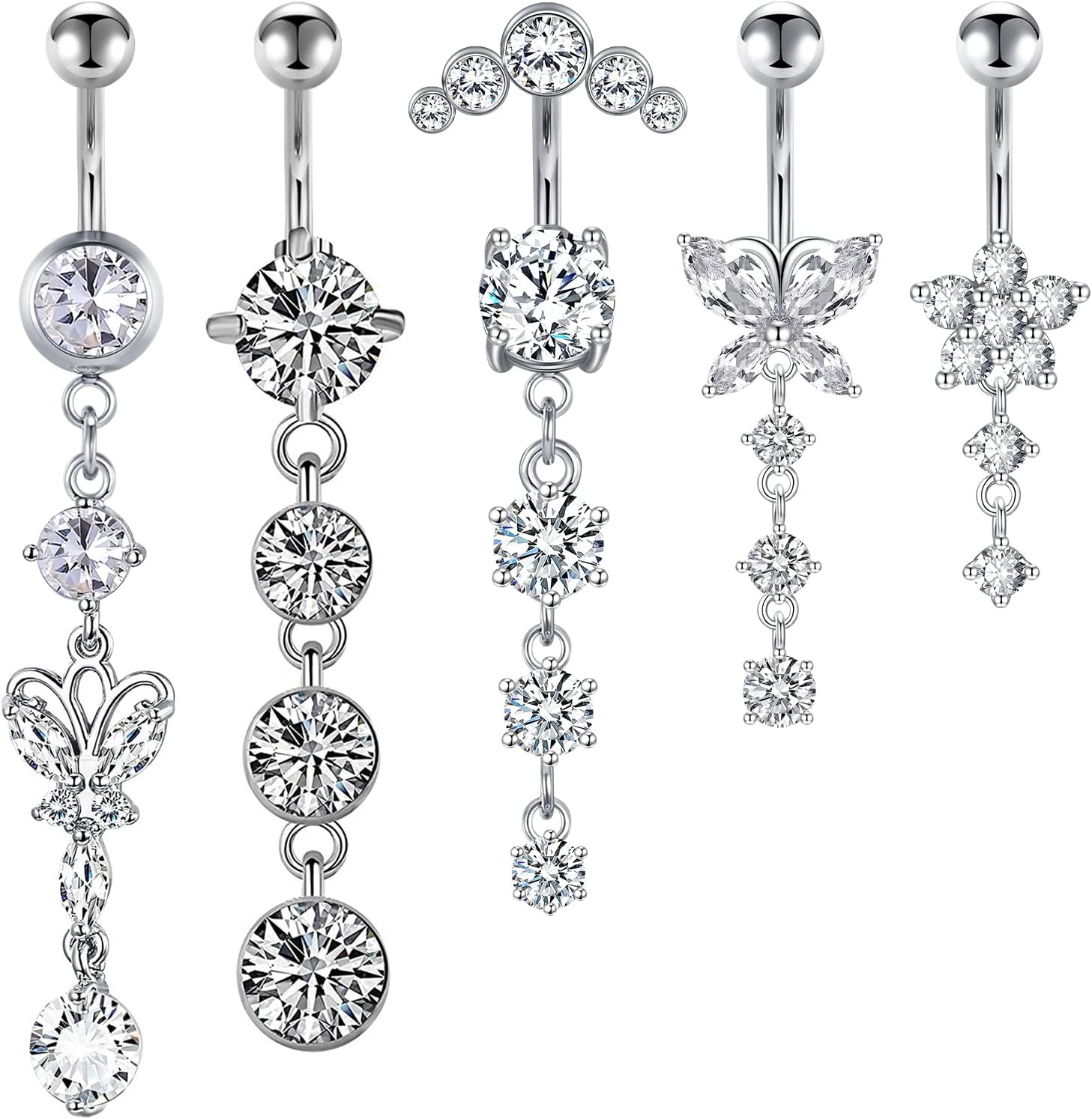 14G Dangle Belly Button Rings Set Navel Piercing Jewelry - Smooth Edges for Summer Outfits, 1.6mm Silver Tone CZ Butterfly Heart Flower Rings 5 Pcs