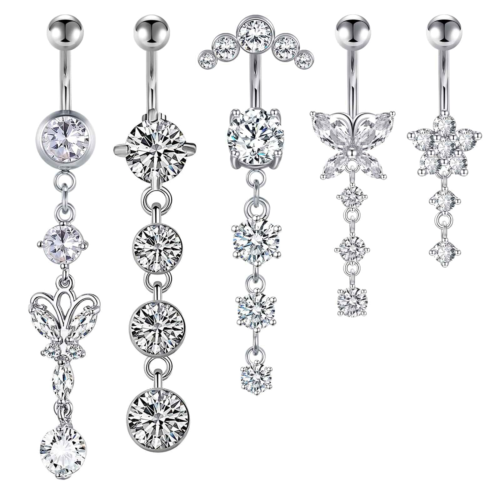 14G Dangle Belly Button Rings Set Navel Piercing Jewelry - Smooth Edges for Summer Outfits, 1.6mm Silver Tone CZ Butterfly Heart Flower Rings 5 Pcs