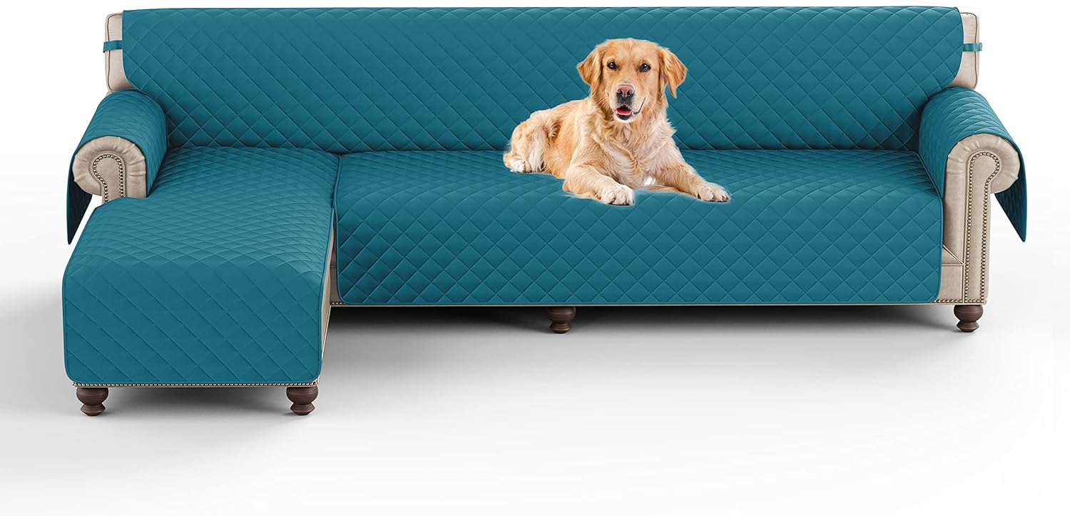 Sectional Couch Cover 1 Piece Reversible Waterproof L-Shaped Sofa Cover Chaise Lounge Couch Furniture Protector Slipcover for Kids Pets with Elastic Straps (Deep Blue, Medium)
