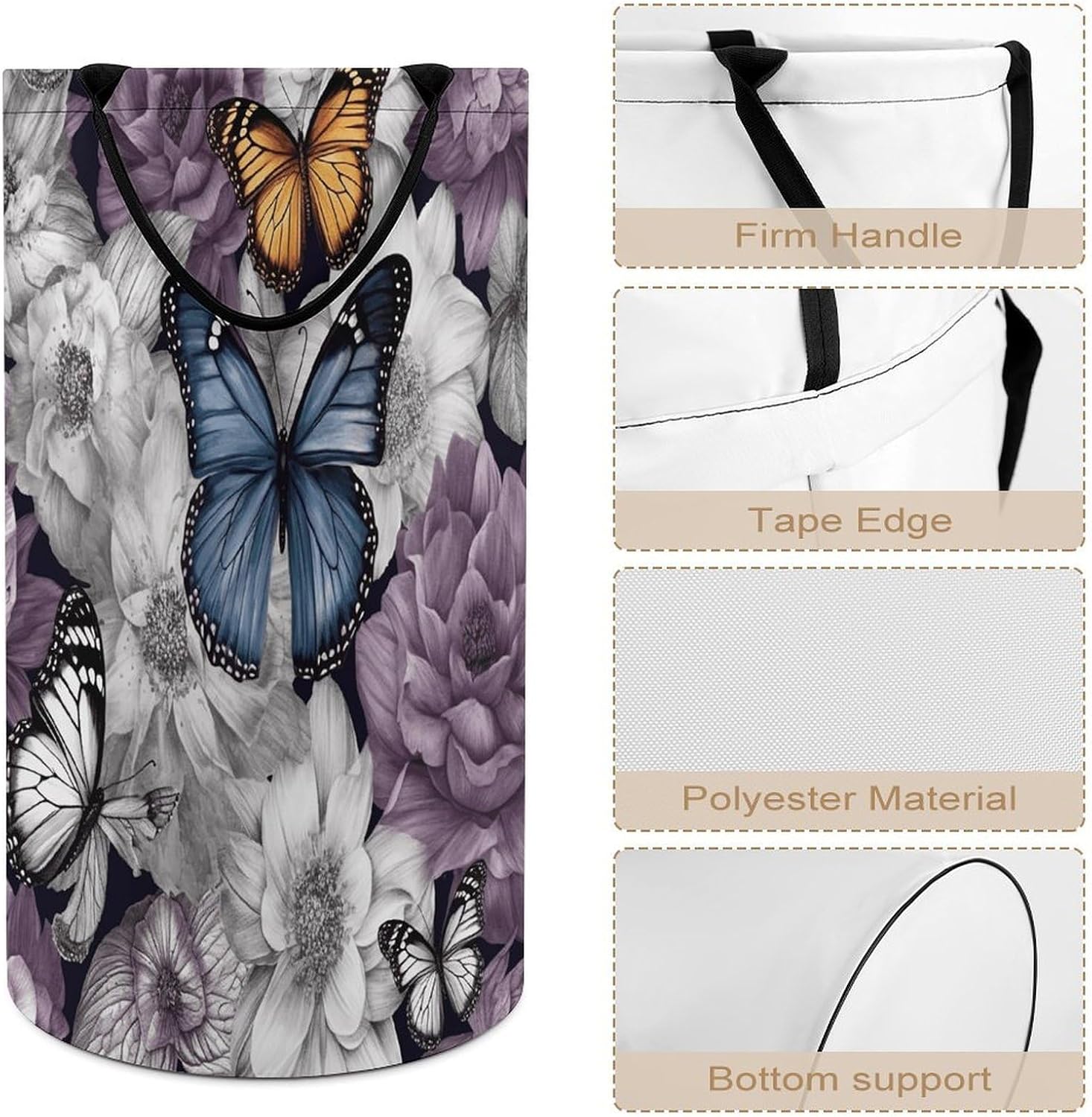 Purple Butterflies Floral Large Capacity Laundry Baskets,Collapsible Clothes Hamper with Handles，Laundry Hampers for Bathroom,Bedroom,Towels