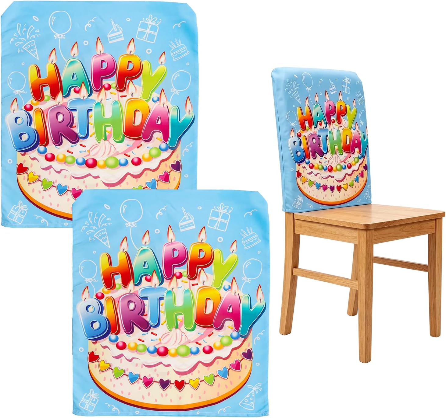 2 Pcs Birthday Chair Cover Seat Decor for Classroom Home Party | Cake & Candle Print, Stretch Fabric, Washable & Reusable, Universal Fits Most Chairs, Chair Protection, Birthday Decoration