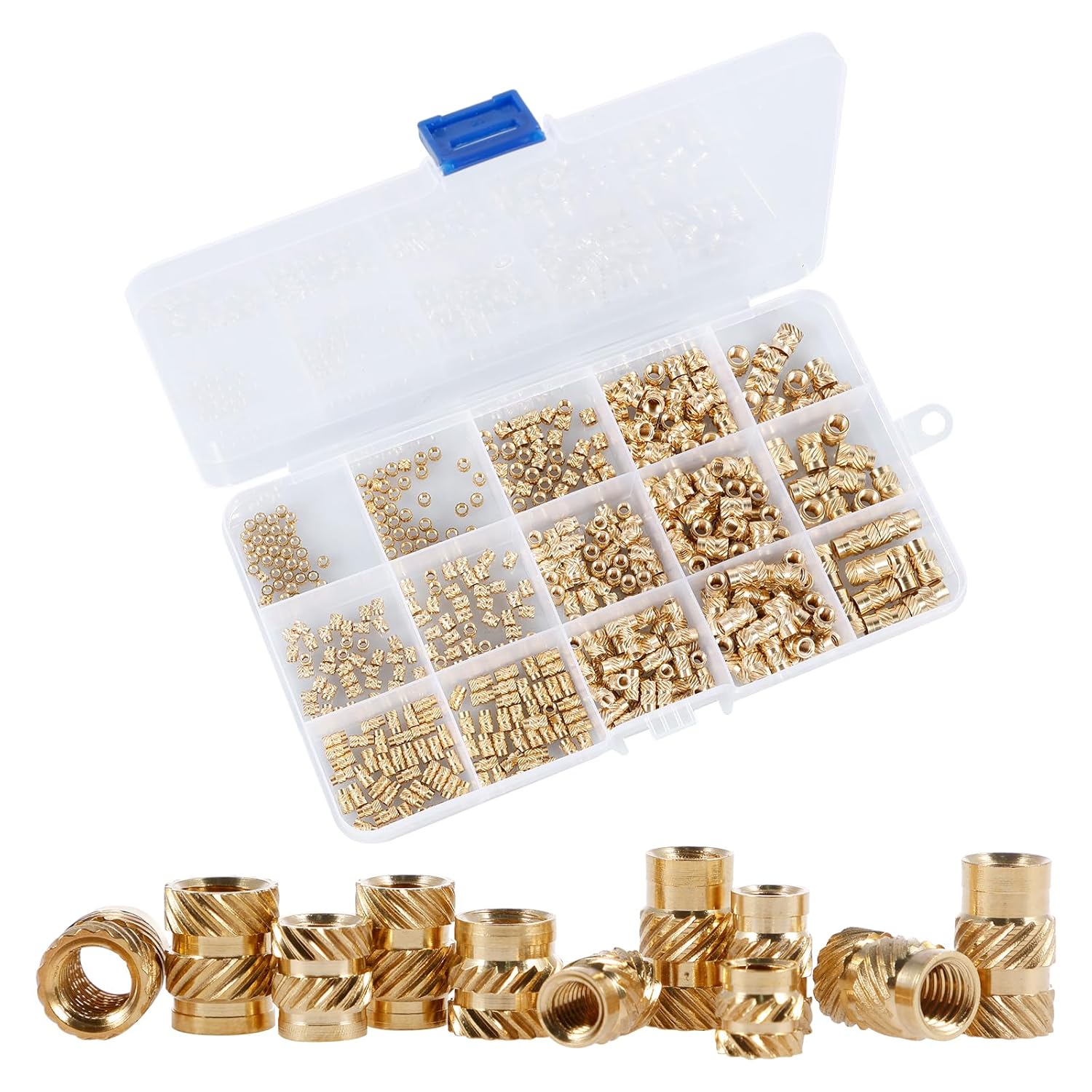 500Pcs Metric Knurled Nuts Assortment Kit Threaded Inserts M2 M2.5 M3 M4 M5 M6 Female Thread Knurled Nuts Portable Brass Heat Set with Storage Box for 3D Printers Electric Molding Machines