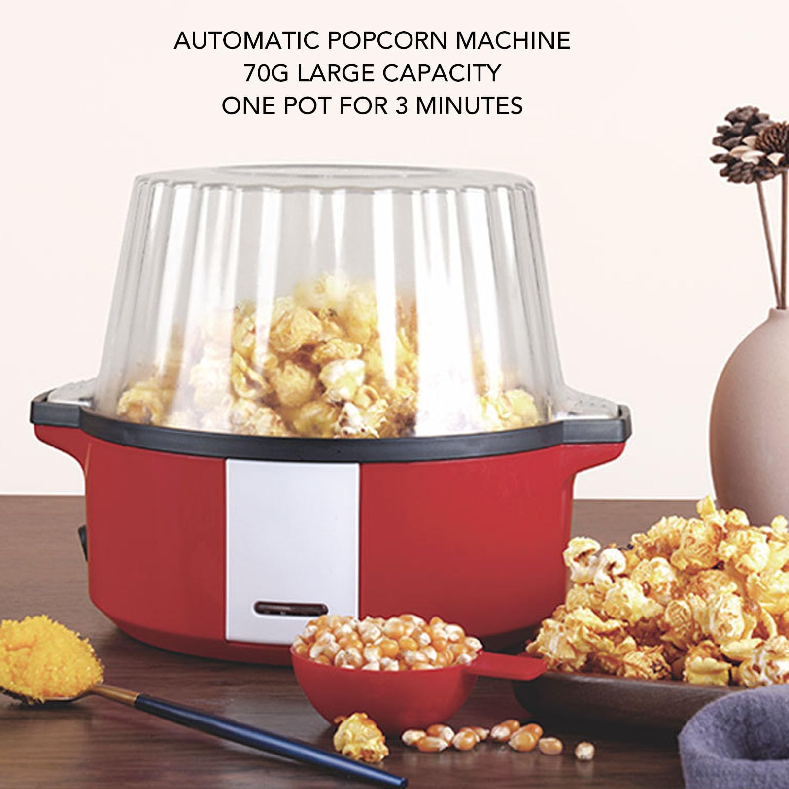 Popcorn-Maker, 70 G, Große Kapazität, Elektrische Popcornmaschine, Antihaft-Popcorn-Maker mit Deckel und Löffel, DIY-Popcorn-Topf, Leicht zu Reinigen, 700 W, Schnelle Erwärmung