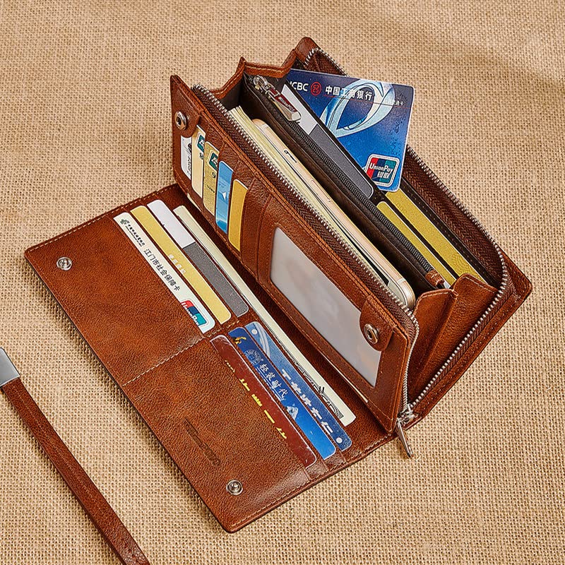 Men's Leather Wallet Long Wallet Vintage Leather Wallet Clutch Large Capacity Coin Purse Card Holder Luxury Wallet (yellowish brown)3