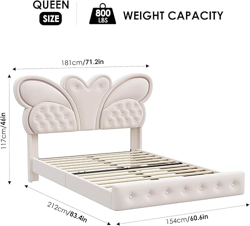 Miniatura 2 de Keyluv Base de cama Queen con cabecera tapizada con patrón de mariposa, moderna cama flotante con luces LED, botón copetudo en cabecero y estribo,