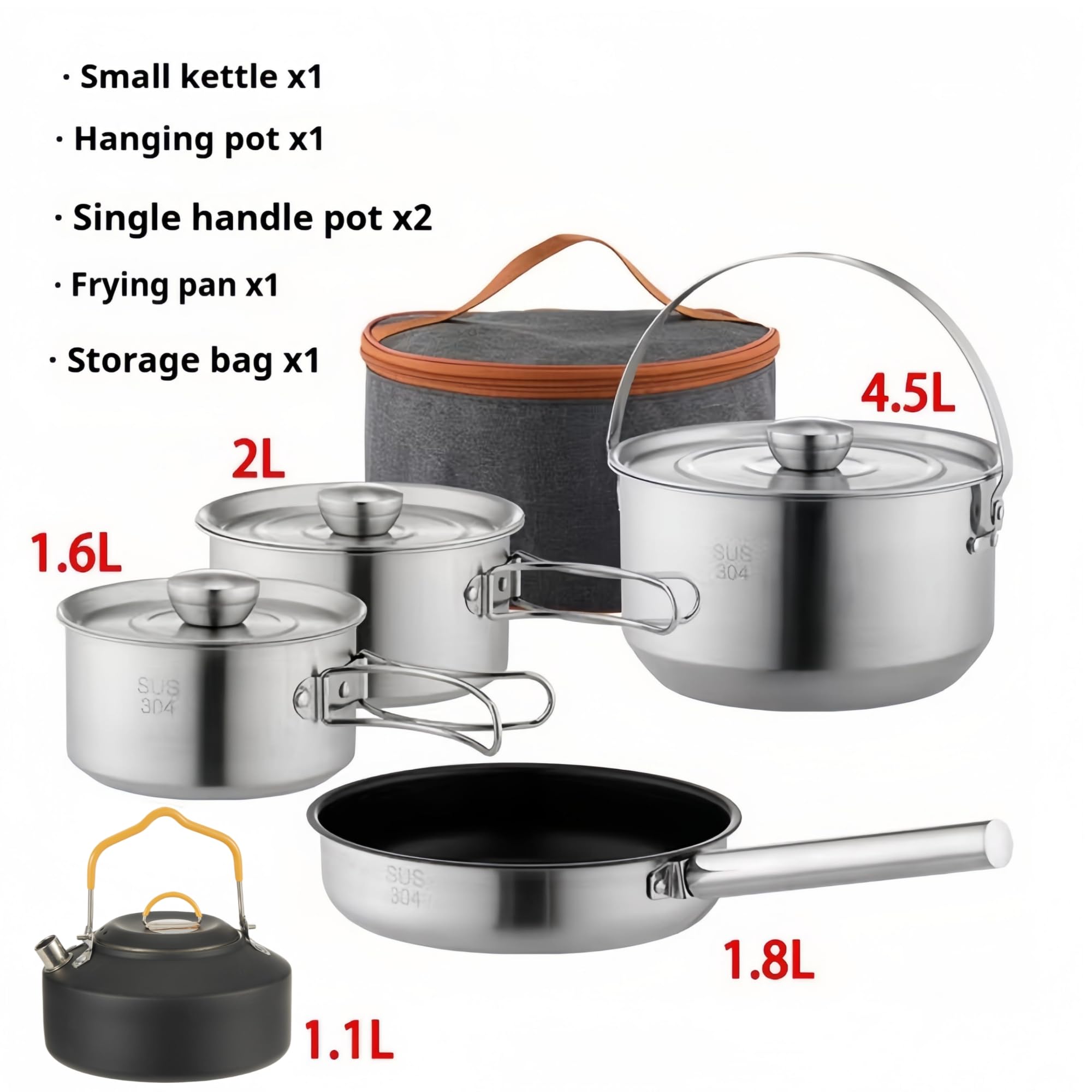 Camping Kochgeschirr Set 304 Edelstahl 10-teilige Töpfe Pfannen, Wasserkocher, Reise Mesh Tasche für Camping, Trekking, Garten Picknick, Backpacking Ausrüstung