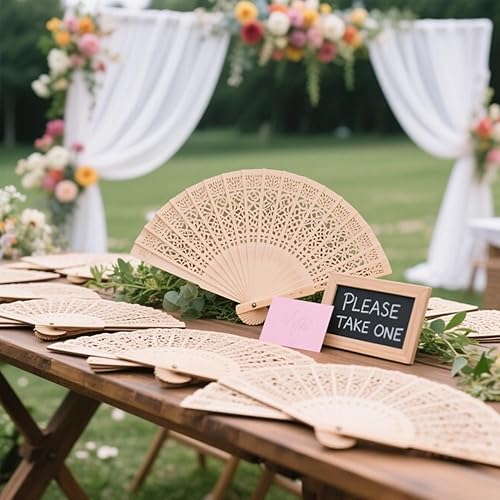 Miniatura 9 de Wobe Paquete de 60 abanicos de sándalo para recuerdos de boda, abanicos plegables de mano de madera, calados, para bodas, fiestas, decoración del