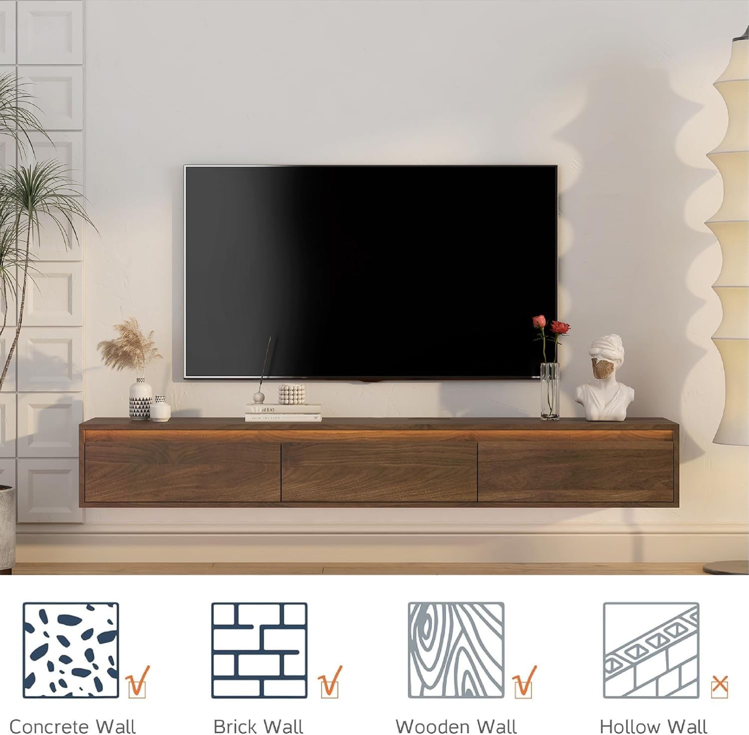 Wood Floating TV Stand Wall Mounted with LED Lights & Power Outlet for 65 Inch TV, Floating Entertainment Center with Storage Cabinet & Media Shelf, TV Console for Living Room
