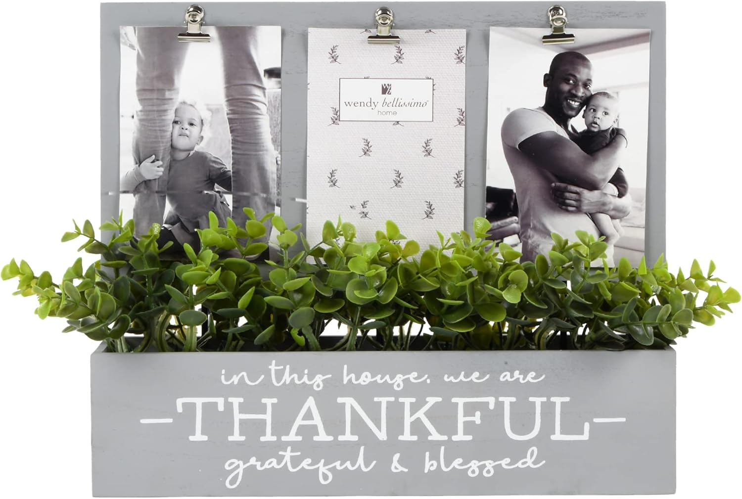 3-Opening Thankful Faux Eucalyptus Planter Clip Frame Collage in Gray, Holds (3) 4x6 Photos