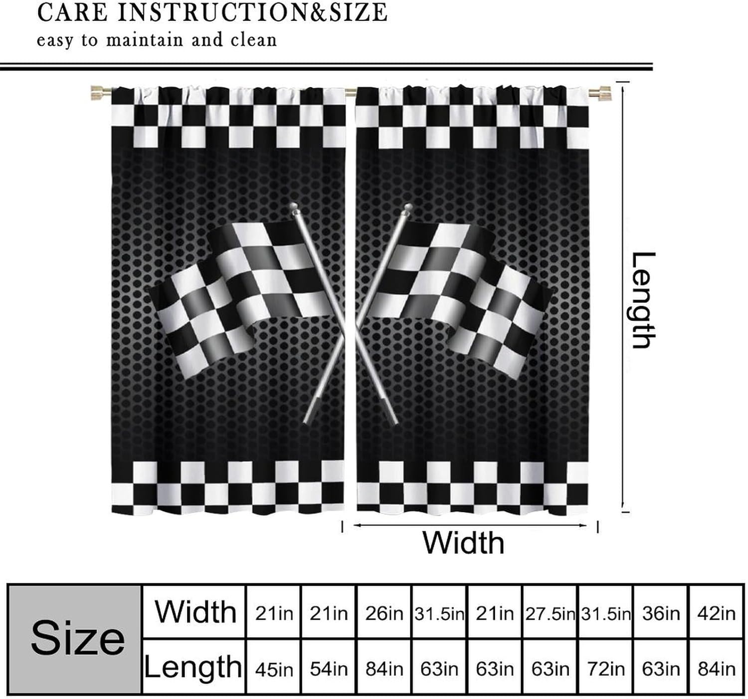 Racing Flag Curtains, Black and White Checkered Flags Racing Car Game Print Blackout Window Curtains Treatments for Kids Boys Teens Bedroom Living Room, 42" W X 45" L