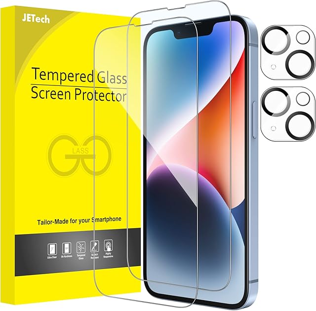 JETech Full Coverage Screen Protector for iPhone 14 Plus 6.7-Inch with Camera Lens Protector, Tempered Glass Film, HD Clear, 2-Pack Each