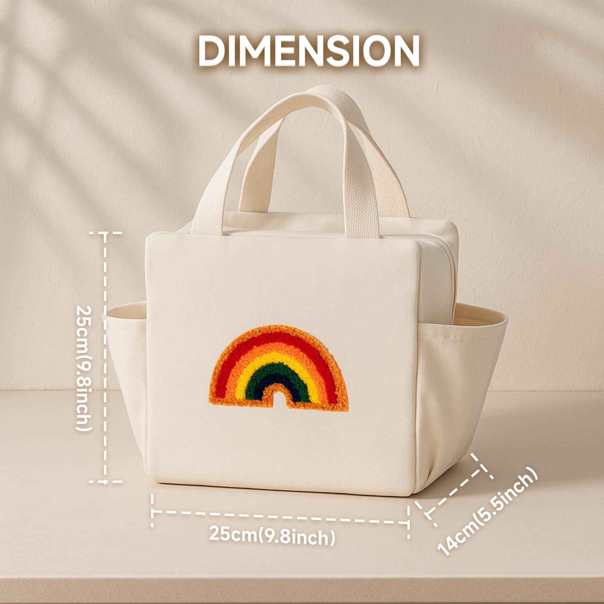 Urban Nest Borsa Pranzo e Borsa Termica Isolata in Tela con Ricamo Arcobaleno (8L), Grande Capacità per Bambini e Adulti, per Scuola, Ufficio, Picnic e Viaggi