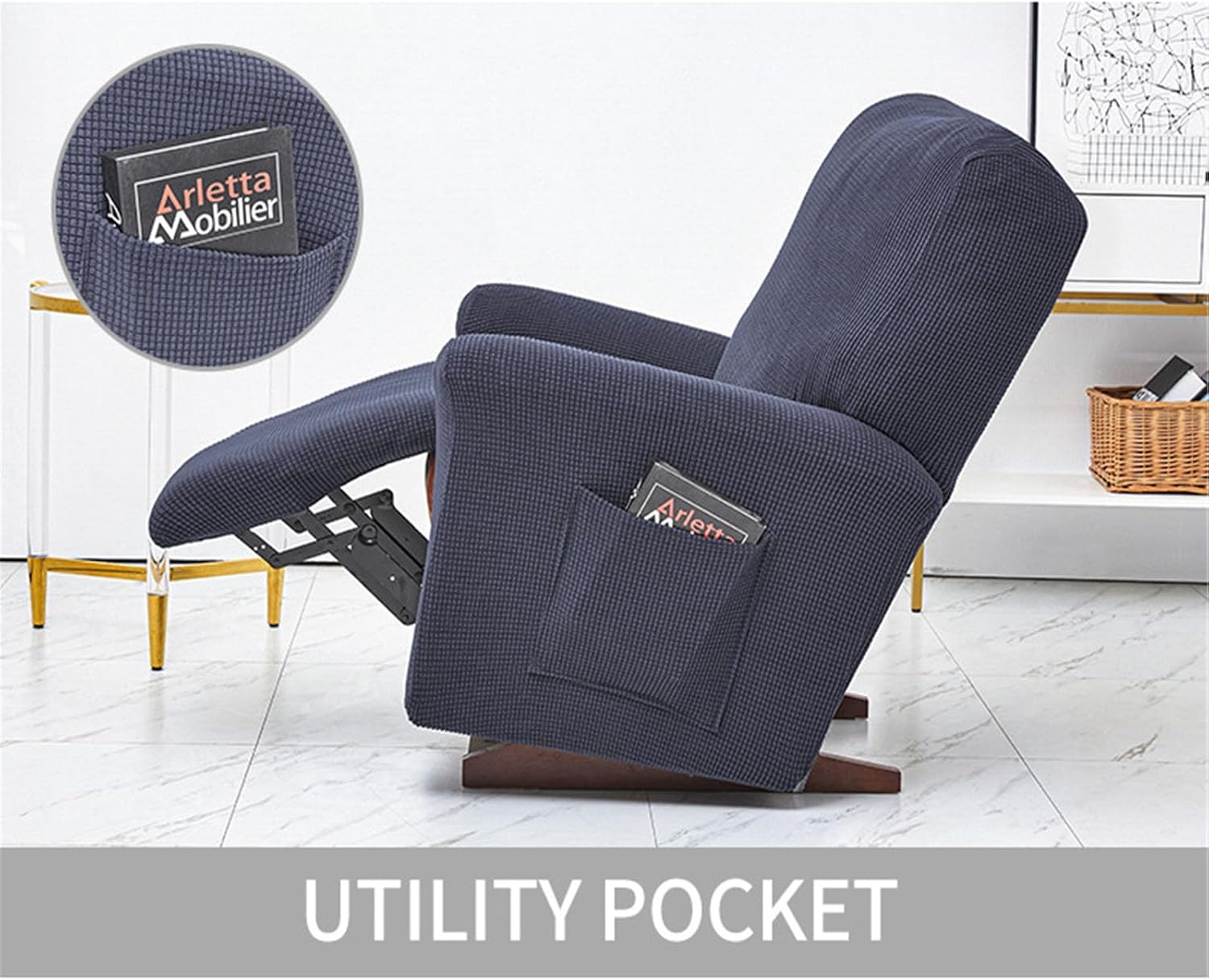 Recliner Slipcover, Solid Color Jacquard Stretch Reclining Chair Slipcovers 4-Pieces LazyBoy Covers Furniture Protector for Recliner with Pocket Sofa Couch Chair Cover (Gold)