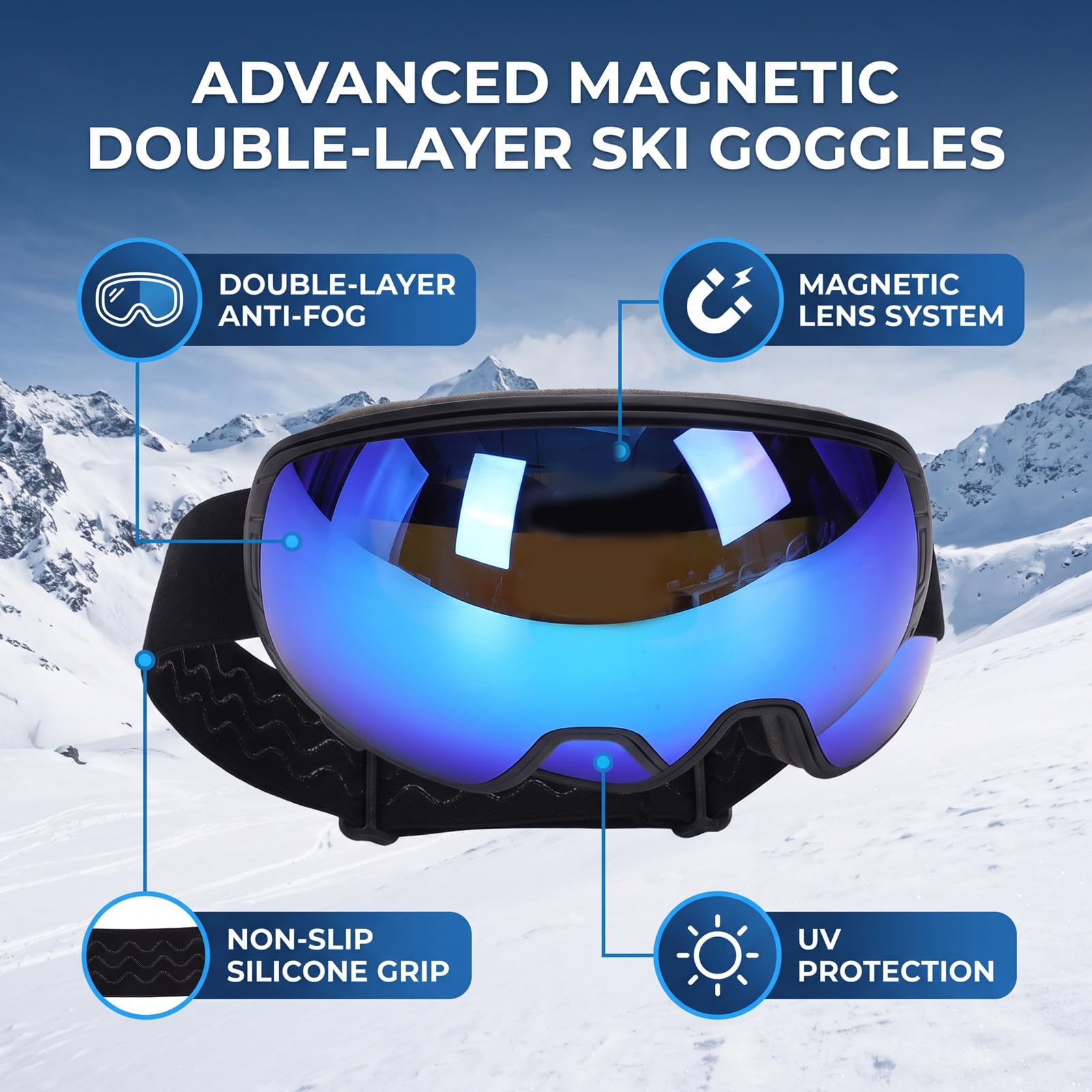 Occhiali da Sci, Antiappannamento Antigraffio Sopra gli Occhiali | Maschere da , Lenti Rivestite in PC, Flusso D'aria Ventilato, Snowboard, Motoslitta, Cinturino in Silicone, Compatibile con