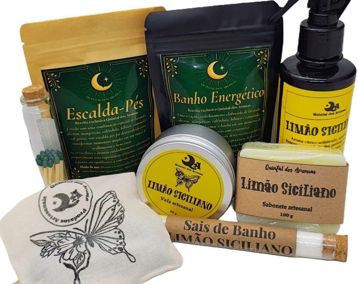 Kit Presente Spa Relaxante Completo Sabonete Artesanal Sais de Banho Escalda Pés Banho Energético Vela Aromática Aromatizador de Ambiente Limão Siciliano