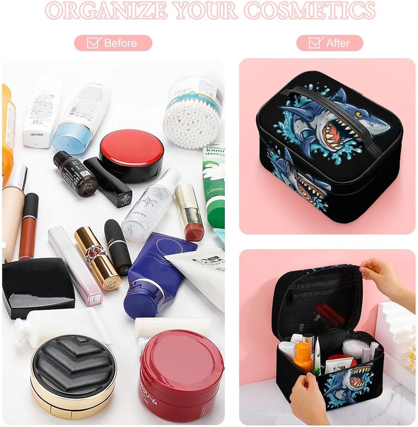 Evil Shark Makeup Toiletry Bag Cosmetic Case Organizer | with handle and divider,large capacity,portable,travel home use